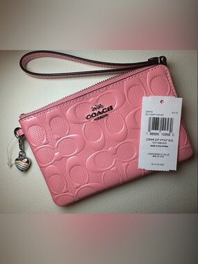 Coach Pink Patent Signature Wristlet with Pastel Rainbow Charm Zipper Pull NWT